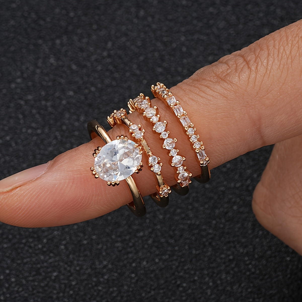 4pcs/Set Elegant Stacking Rings With Sparkling Fake Zirconia Teardrops And Rectangular Symbols, Symbolizing Romance And Prestige, For Everyday Wear, And Perfect Gift For Spring Festival New Year